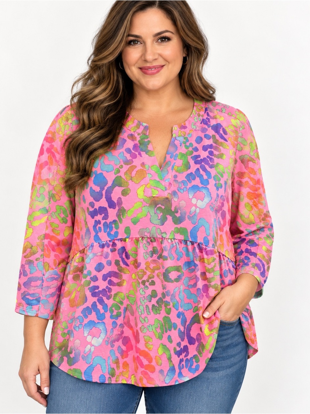 Dear Scarlett Pink Multicolor Leopard Print Babydoll Blouse Women XL NWT